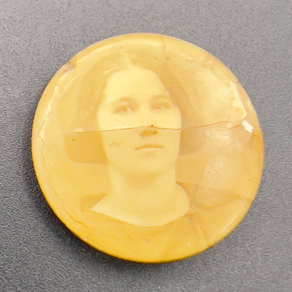 Antique Celluloid Portrait Pin Brooch Woman Short Hair Face Victorian Edwardian